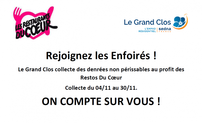 Le Grand Clos organise à nouveau une collecte pour les restos du coeur